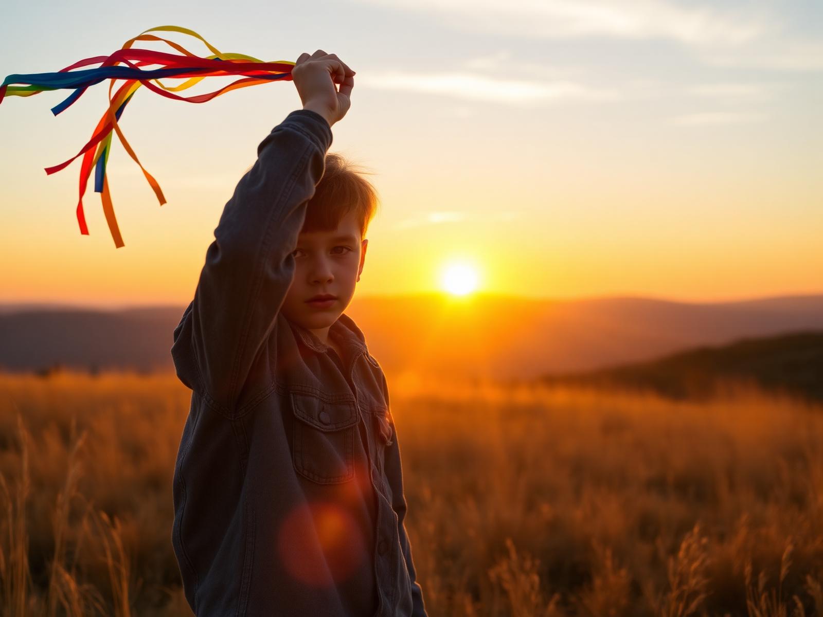 A child on a hillside raising a rainbow kite at sunset